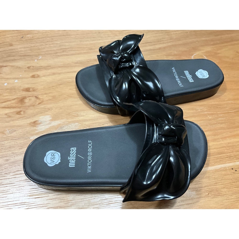 Melissa Viktor & Rolf Black Bow Slide Sandals Vegan Melflex Platform Shoes 7